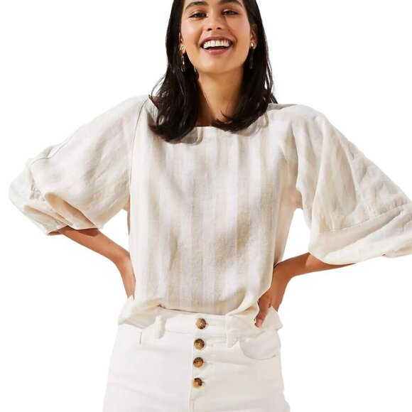 Loft Balloon 3/4 Sleeve Neutral Ivory Linen Blend Blouse Size S - Picture 3 of 6